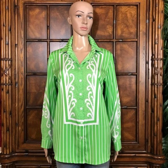 Bob Mackie Pear Scroll and Stripe Matte Charmeuse Button Up Top - Picture 1 of 13